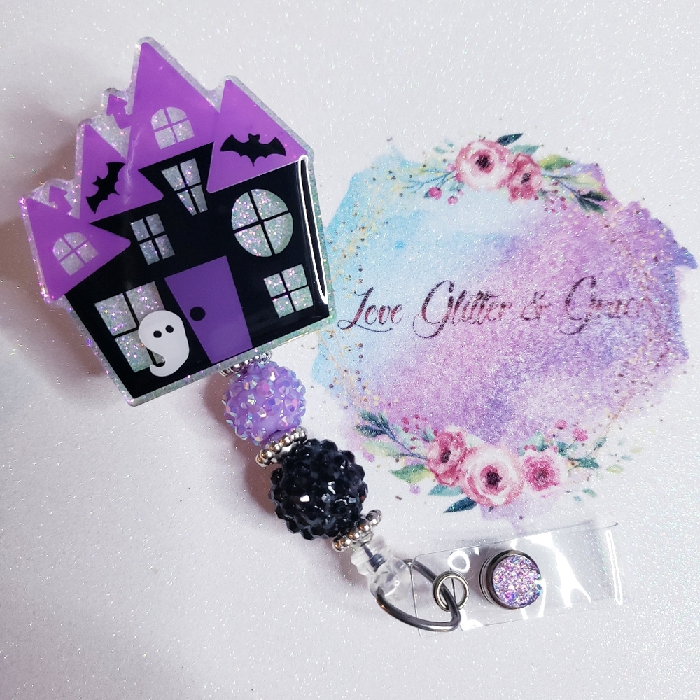 Haunted House, purple,, badge reel, glitter, nurse, healthcare